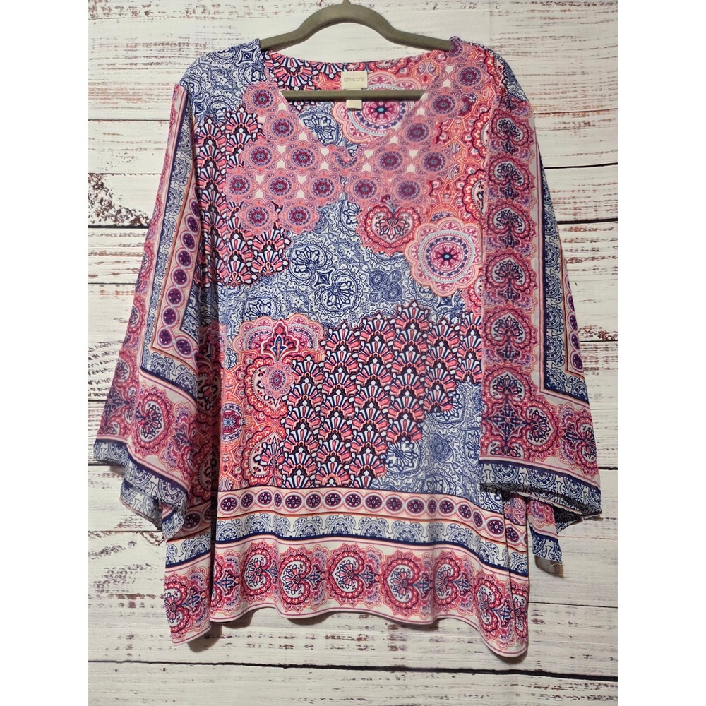 Chicos 3 Pink Purple Paisley Medallion Kimono Sleeve V-Neck Top Size XL